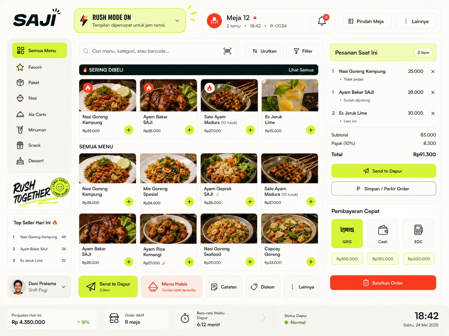 Tampilan POS SAJI dengan katalog menu dan ringkasan pesanan