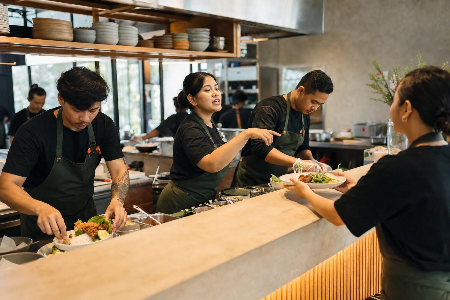 Tim dapur bekerja bersama saat restoran ramai
