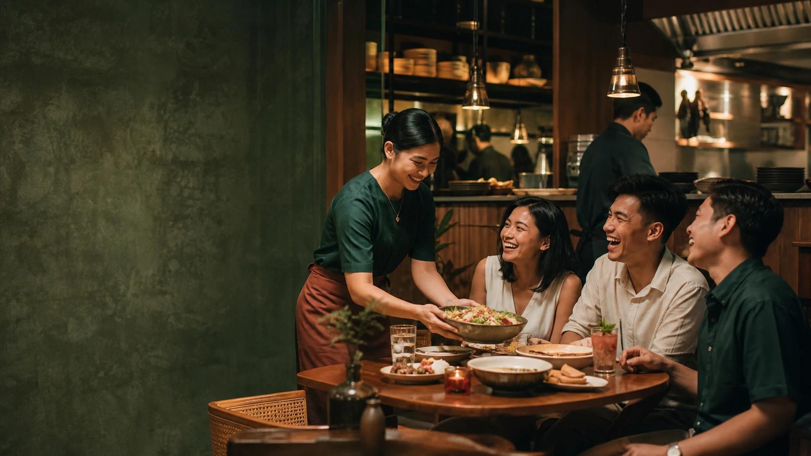 Tim restoran melayani tamu saat jam makan